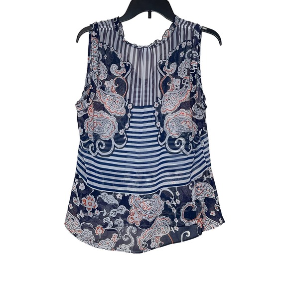 Cabi Women Top Sheer Tank Paisley Striped Ruffled Peplum Sleeveless Blue Small - Picture 9 of 9